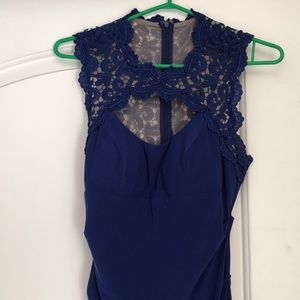 Floor length navy dress with lace detail